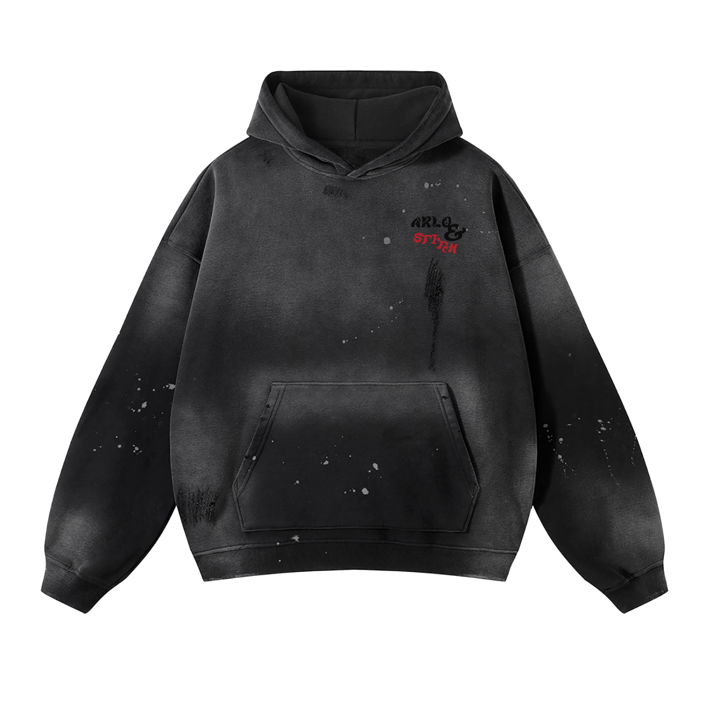 Vintage Wash Frayed Fleece Hoodie (Black&Red) - 360 GSM